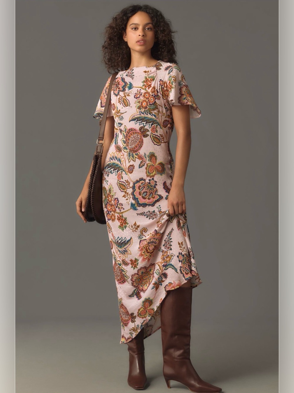 Kachel Anthro Anthropologie Plus 22 Floral Pink Blush Midi Dress Flutter Sleeves